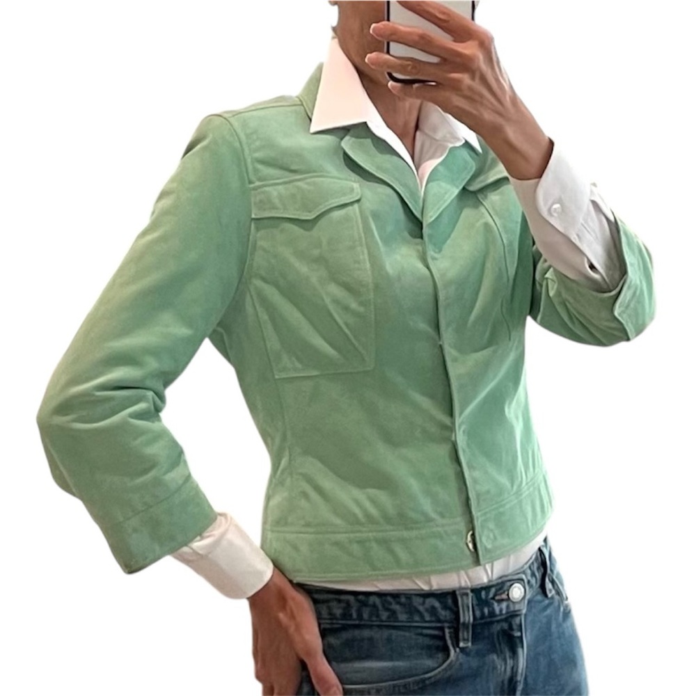 ELIE TAHARI Mint Green Suede Jacket | Paisley Lined | Size MP (Petite)